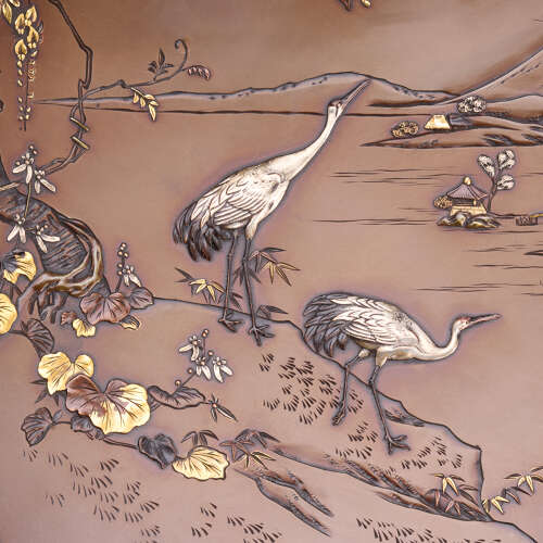 Japanese bronze dish with egrets and Mount Fuji signed Inoue of Kyoto Meiji period