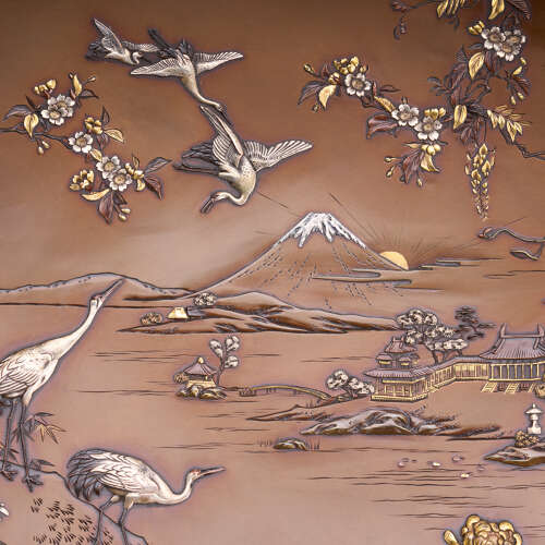 Japanese bronze dish with egrets and Mount Fuji signed Inoue of Kyoto Meiji period