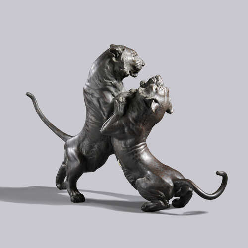 Japanese bronze group of a tiger and a leopard in combat signed Hanehiroya Meiji period