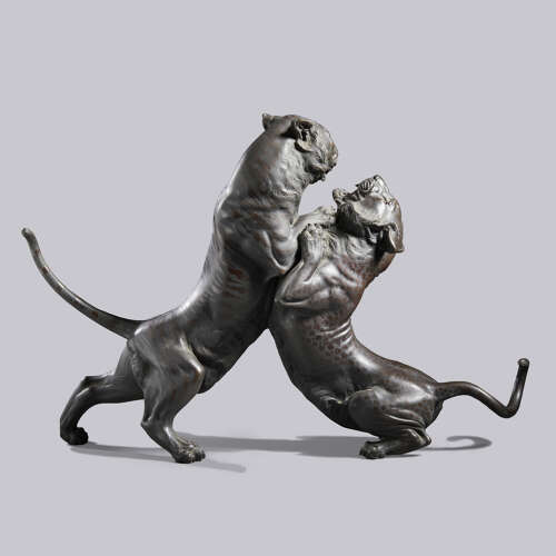 Japanese bronze group of a tiger and a leopard in combat signed Hanehiroya Meiji period