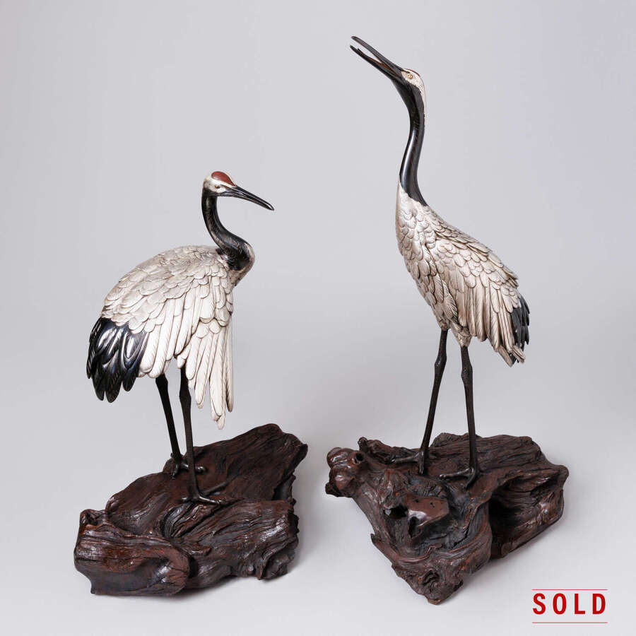 Japanese pair of silvered bronze Manchurian cranes signed Genryusai Seiya Meiji period.