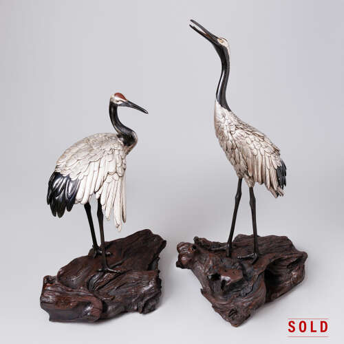 Japanese pair of silvered bronze Manchurian cranes signed Genryusai Seiya Meiji period.