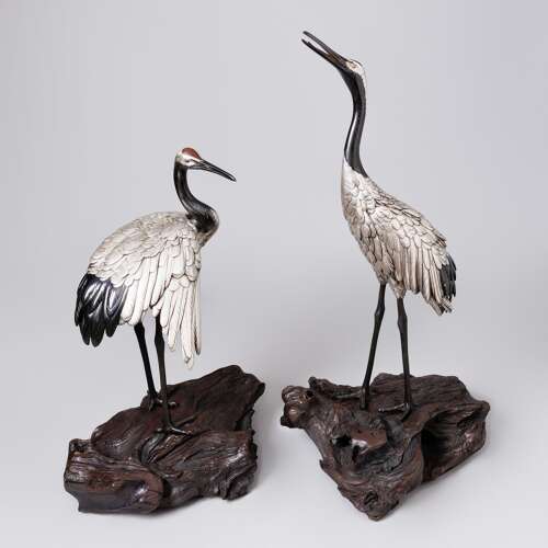 Japanese pair of silvered bronze Manchurian cranes signed Genryusai Seiya Meiji period.