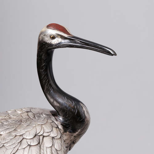 Japanese pair of silvered bronze Manchurian cranes signed Genryusai Seiya Meiji period.