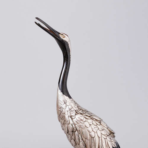 Japanese pair of silvered bronze Manchurian cranes signed Genryusai Seiya Meiji period.