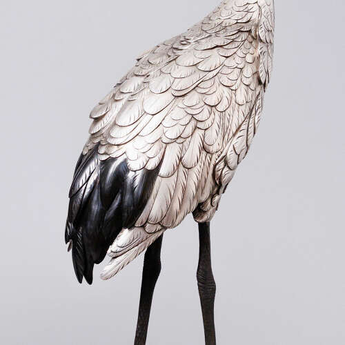 Japanese pair of silvered bronze Manchurian cranes signed Genryusai Seiya Meiji period.