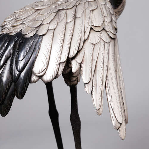 Japanese pair of silvered bronze Manchurian cranes signed Genryusai Seiya Meiji period.