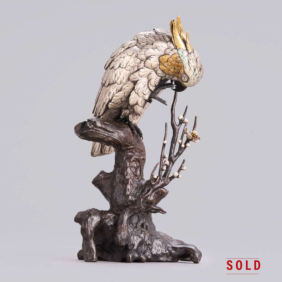 Japanese silvered bronze cockatoo signed Mitani Meiji period