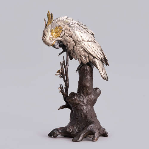 Japanese silvered bronze cockatoo signed Mitani Meiji period