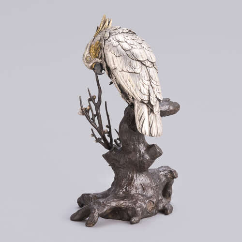Japanese silvered bronze cockatoo signed Mitani Meiji period
