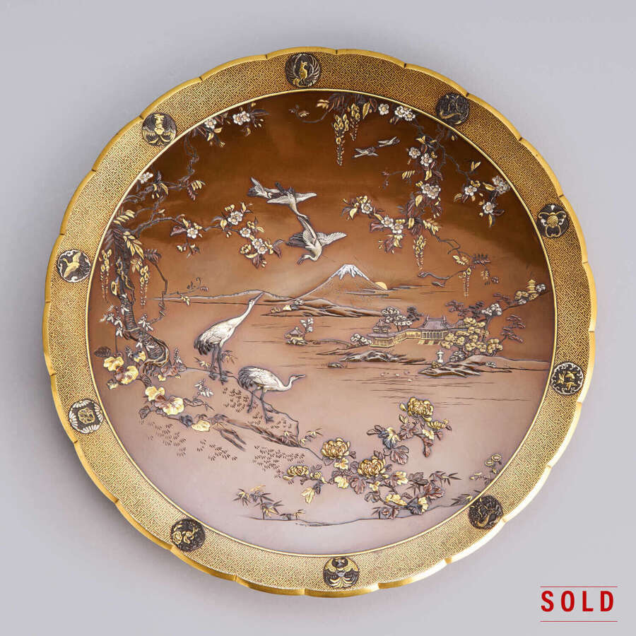 Japanese bronze dish with egrets and Mount Fuji signed Inoue of Kyoto Meiji period