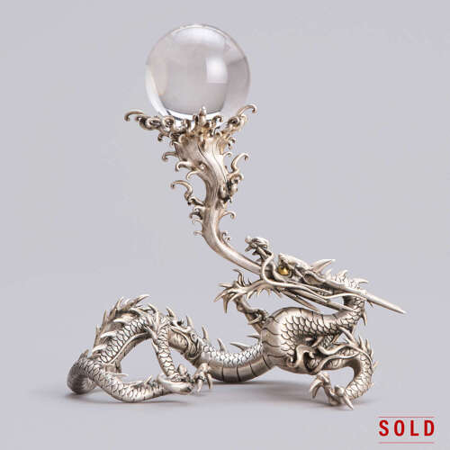 Japanese silvered bronze dragon with the sacred jewel signed Seiryusai Meiji period