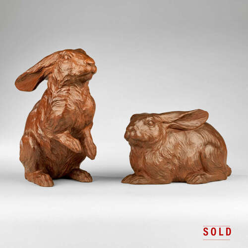 Japanese wood okimono pair of hares signed Mogi Hirotsugu Shōwa period