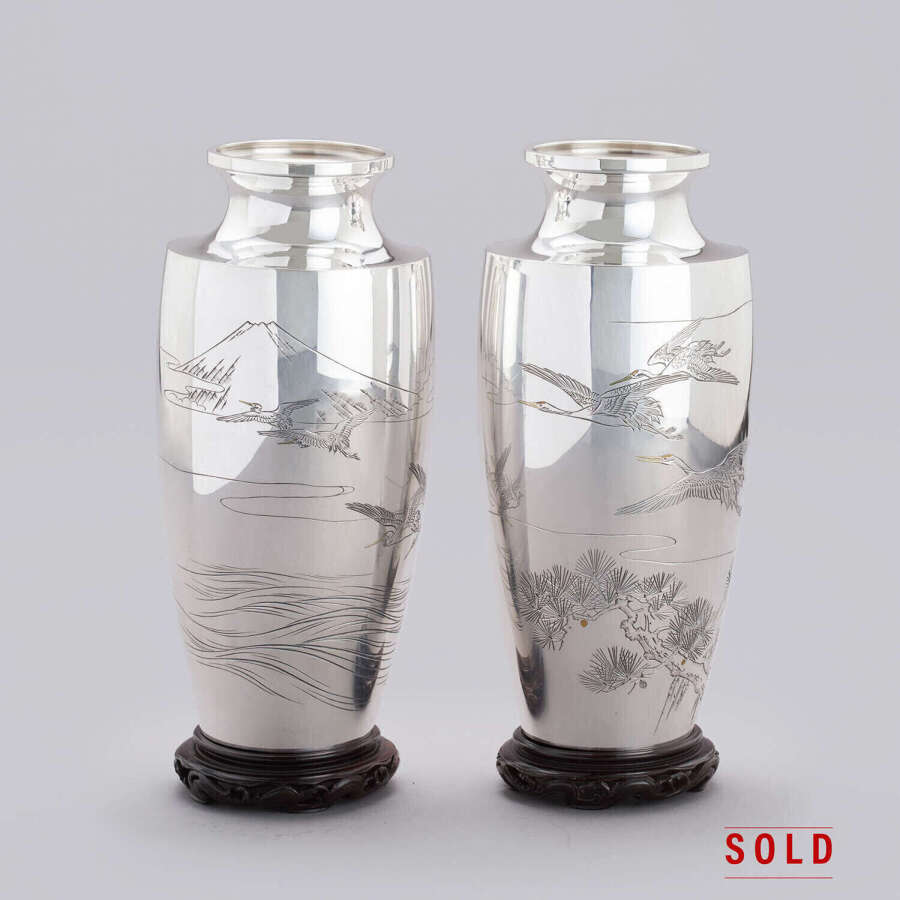 Japanese pair of silver vases signed Kobayashi Bishun Taishō period