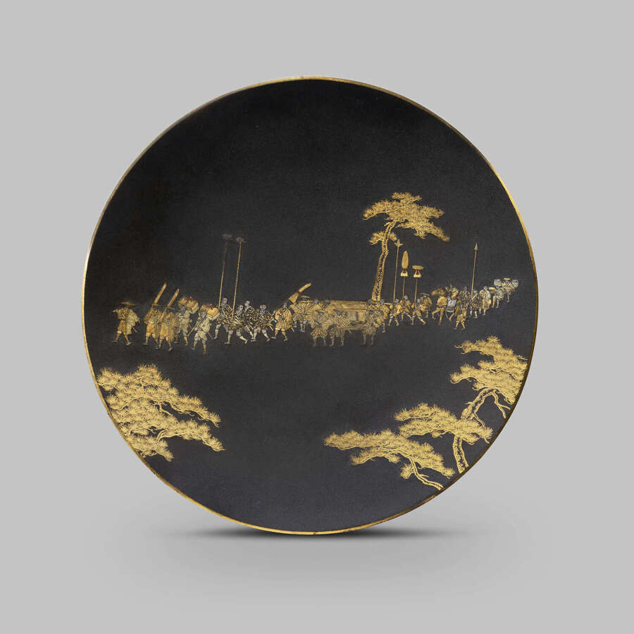 Japanese iron damascene dish by the Komai Company of Kyoto Meiji period
