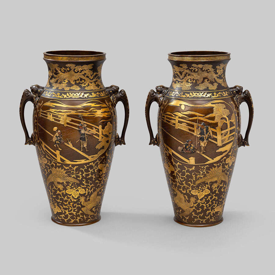 Japanese pair of bronze vases signed Miyao Eisuke Meiji period