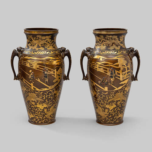 Japanese pair of bronze vases signed Miyao Eisuke Meiji period