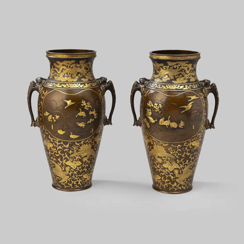Japanese pair of bronze vases signed Miyao Eisuke Meiji period