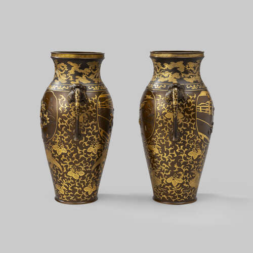 Japanese pair of bronze vases signed Miyao Eisuke Meiji period