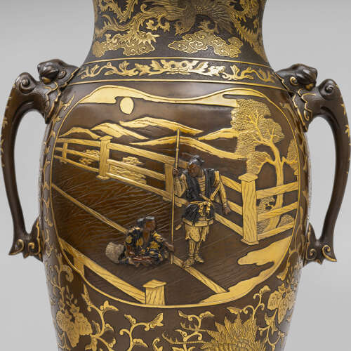 Japanese pair of bronze vases signed Miyao Eisuke Meiji period