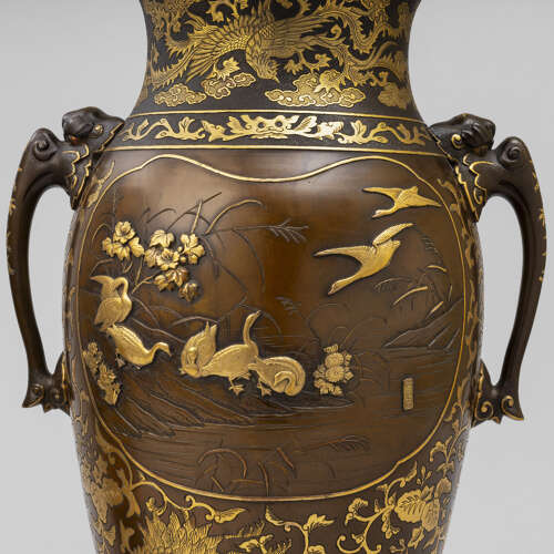 Japanese pair of bronze vases signed Miyao Eisuke Meiji period