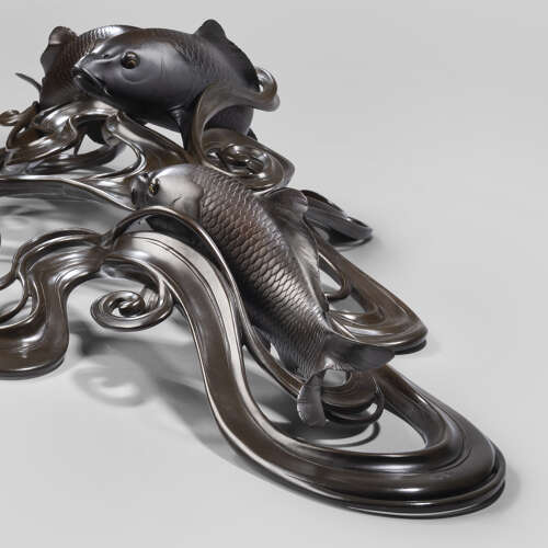 Japanese bronze of koi carps swimming through waves signed Ōshima Joun Meiji period