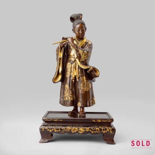Japanese bronze of Fujiwara no Yasumasa playing the flute signed Miyao Eisuke Meiji period