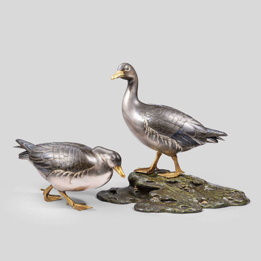Japanese pair of shibuichi geese signed Yamazaki Seimei Shōwa period c.1940.