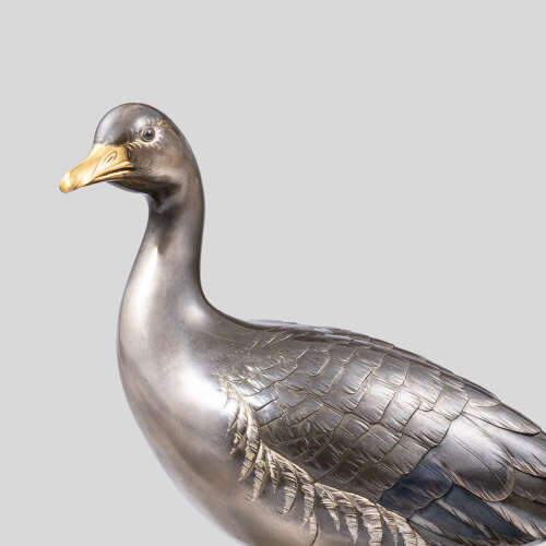 Japanese pair of shibuichi geese signed Yamazaki Seimei Shōwa period c.1940.