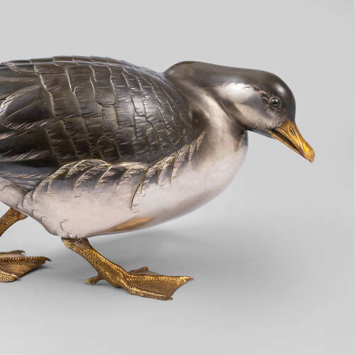 Japanese pair of shibuichi geese signed Yamazaki Seimei Shōwa period c.1940.
