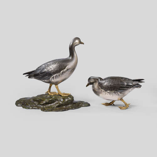 Japanese pair of shibuichi geese signed Yamazaki Seimei Shōwa period c.1940.