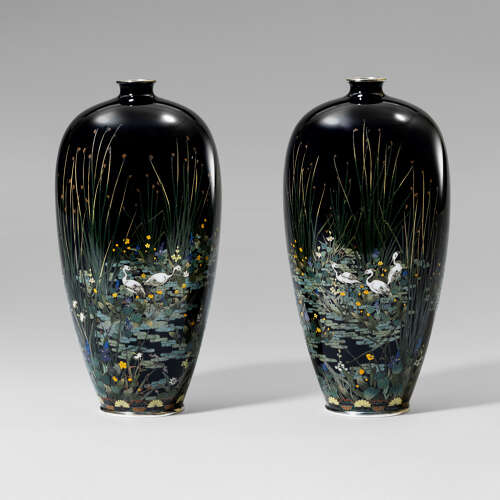 Japanese pair of cloisonné enamel vases signed Hayashi Kodenji Meiji period
