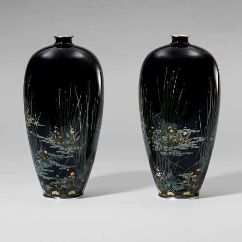 Japanese pair of cloisonné enamel vases signed Hayashi Kodenji Meiji period