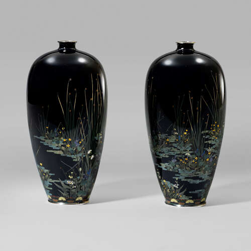 Japanese pair of cloisonné enamel vases signed Hayashi Kodenji Meiji period