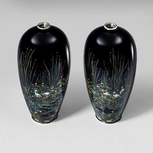 Japanese pair of cloisonné enamel vases signed Hayashi Kodenji Meiji period