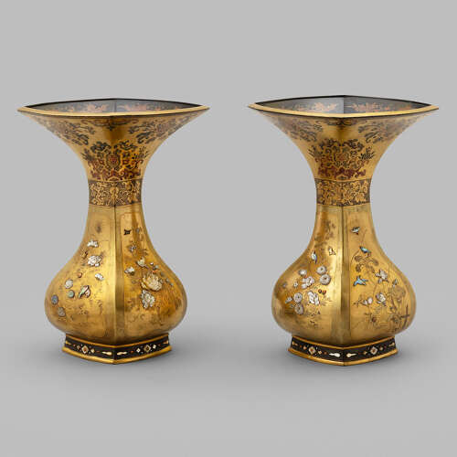 Japanese pair of gold lacquered vases with Shibayama inlays late Meiji period