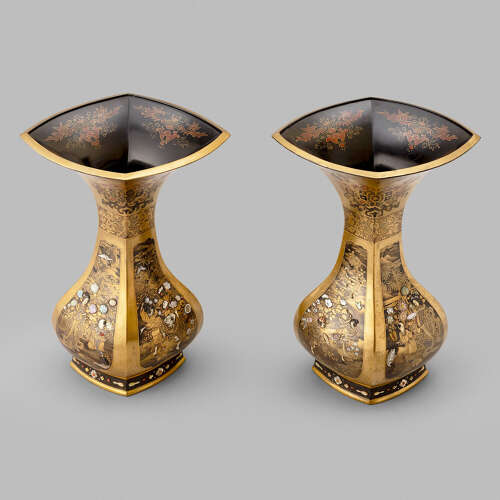 Japanese pair of gold lacquered vases with Shibayama inlays late Meiji period