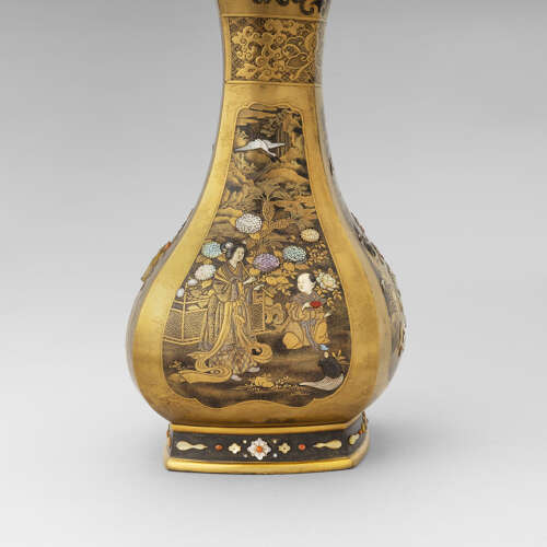 Japanese pair of gold lacquered vases with Shibayama inlays late Meiji period