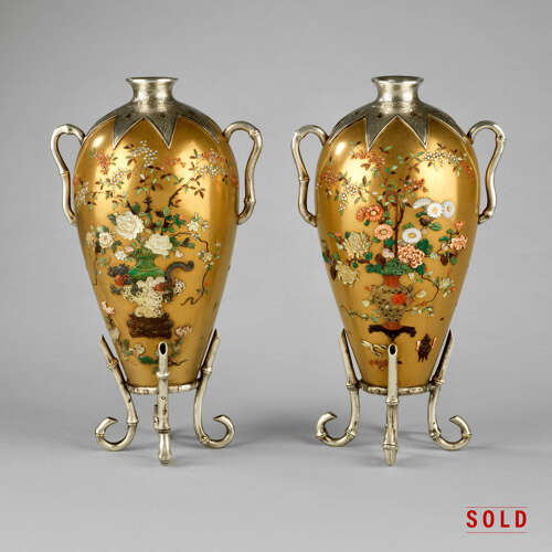 Japanese pair of silver Shibayama vases late Meiji period