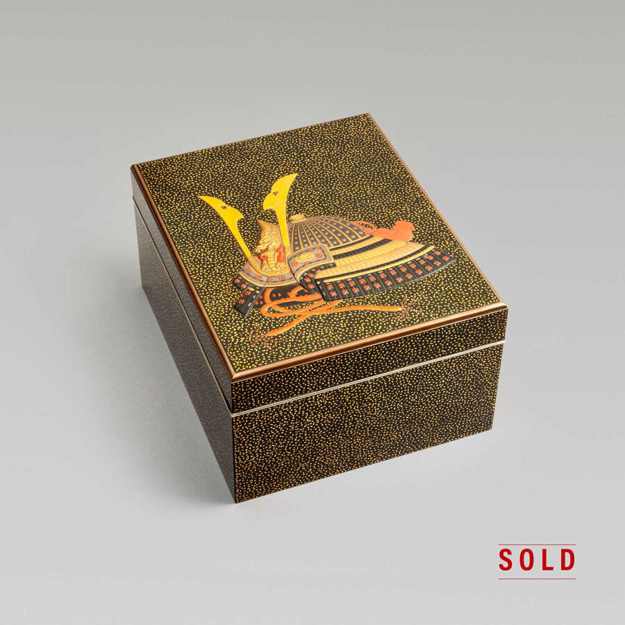 Japanese lacquer ryoshibako (paper box) with Samurai helmet Meiji period