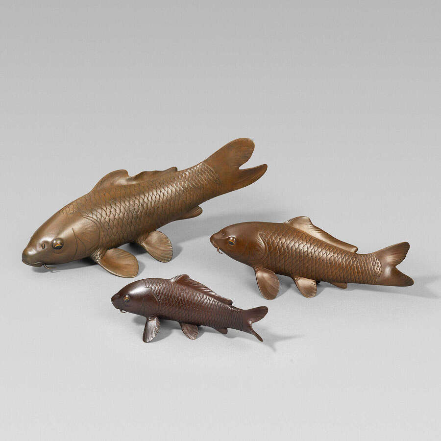 Japanese bronze group of koi carps signed Shima Ikko Meiji period