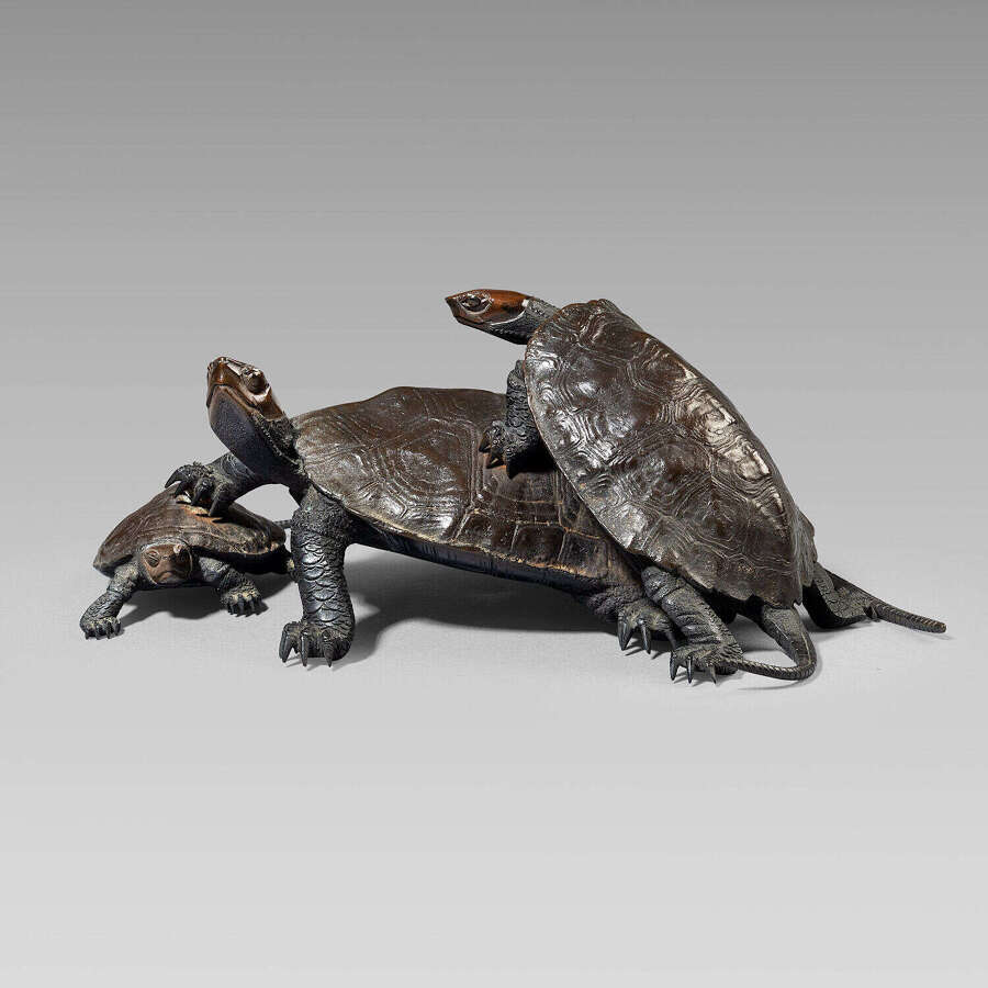 Japanese bronze group of three turtles signed Suiraku Meiji period