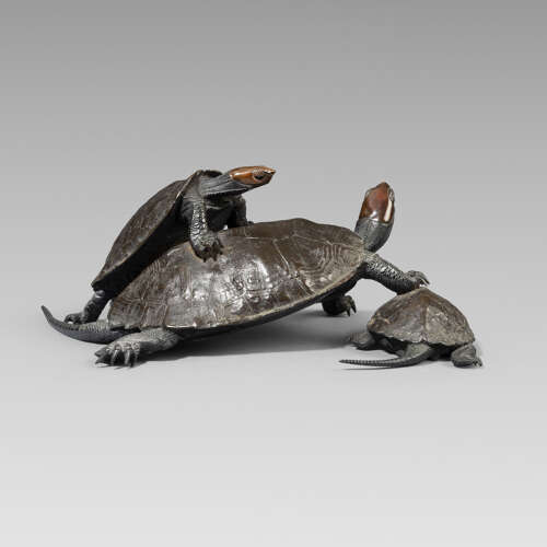 Japanese bronze group of three turtles signed Suiraku Meiji period