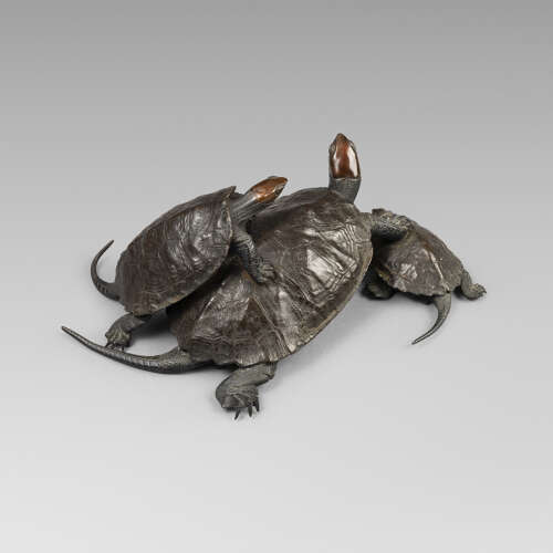 Japanese bronze group of three turtles signed Suiraku Meiji period